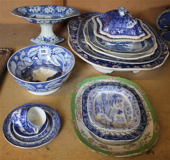 Collection of blue & white platters, bowl, tazza etc